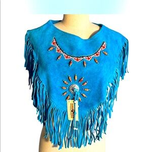 Turquoise leather/suede shawl with fringe detail
